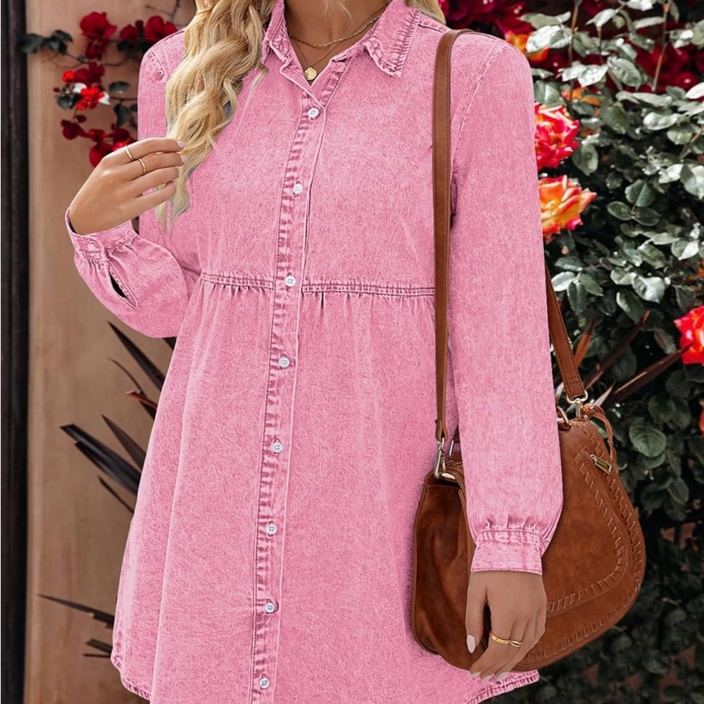 Chic Pink Long Sleeve Denim Dress - Picture 4 of 9